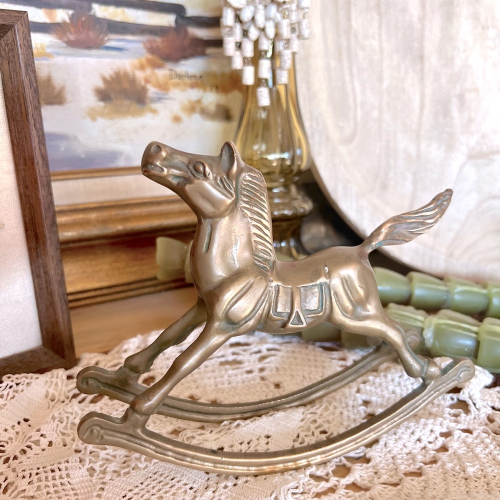 Vintage Brass Rocking Horse Figurine Equestrian Western Boho Mid Century